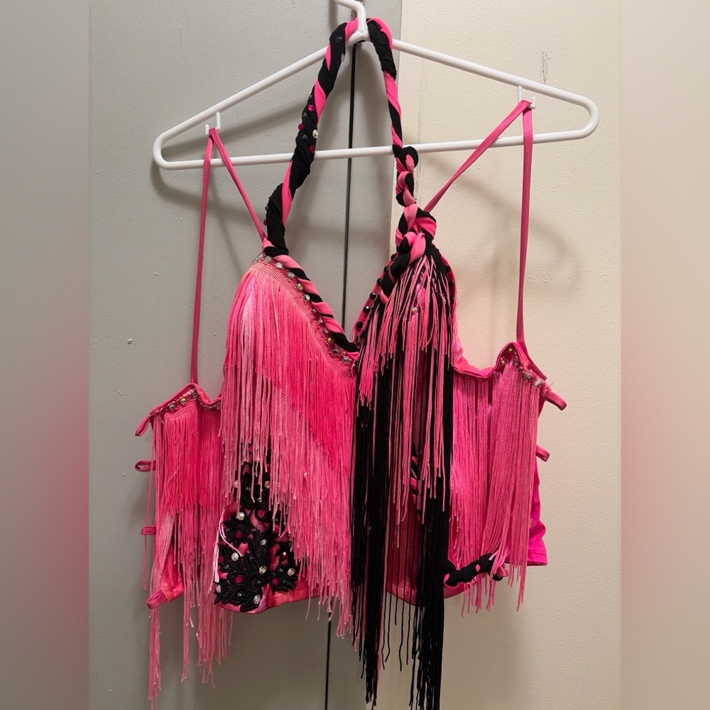 Custom Made Pink Black Fringe Dance Top Rhinestone Braided Stage Costume Small
